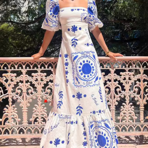 Casual one-shoulder neck printed lantern sleeve slim-fit swing dress