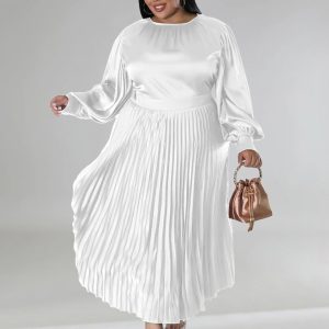 Plus Size Women's Pleated Round Neck Long Sleeve Dress