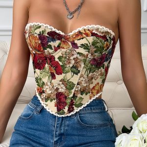 Street retro flower print chest wrap lace lace French niche fishbone small vest