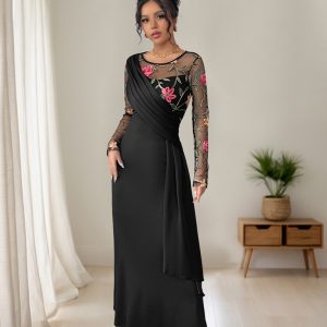 Round Neck Mesh Embroidery Panel Long Sleeve Dress