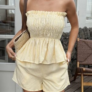 Casual simple tube top ruffled shorts set