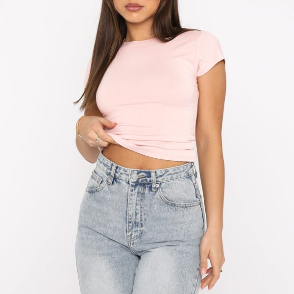 New Women's Solid Color Round Neck Short Sleeve Basic T-Shirt - Image 3
