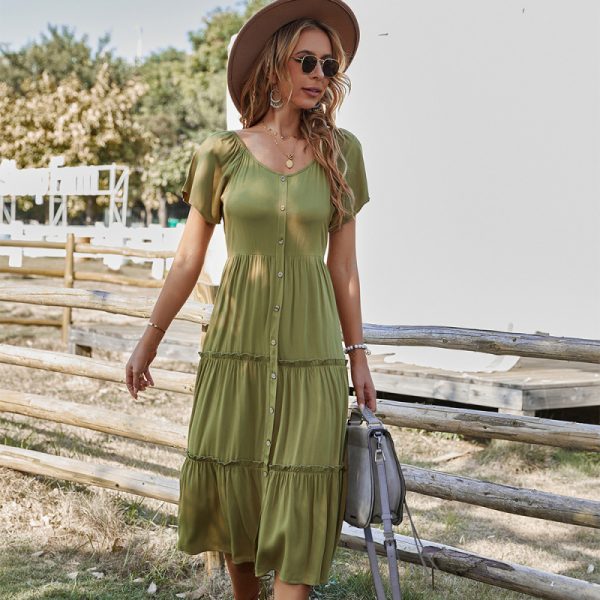 New casual button solid color short-sleeved loose dress - Image 4