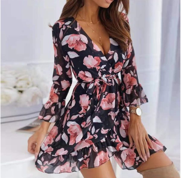European and American sexy V-neck printed tie casual foreign trade nine-quarter-sleeve ruffled dress - Image 3