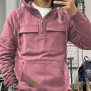Men's solid color hooded sports multi-pocket sweatshirt jacket