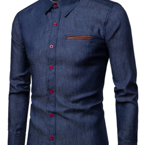 Men's Casual Shirt Pocket Patchwork Leather Long Sleeve Shirt