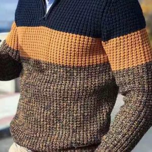 Men's stand-up collar zippered half-platform color-blocked casual V-neck sweater