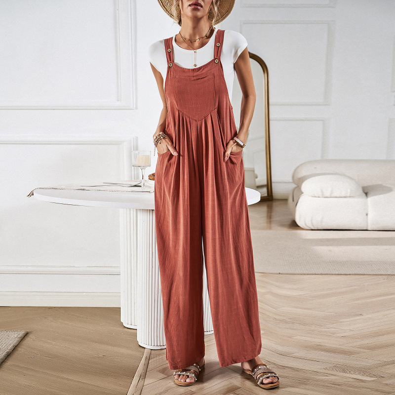 Women's solid color casual all-match loose wide-leg jumpsuit - Image 8