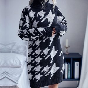 High Neck Loose Long Sleeve Houndstooth Sweater Dress