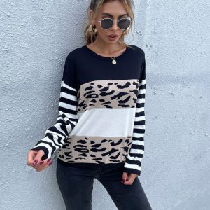 women's loose round neck pullover black and white leopard print sweater