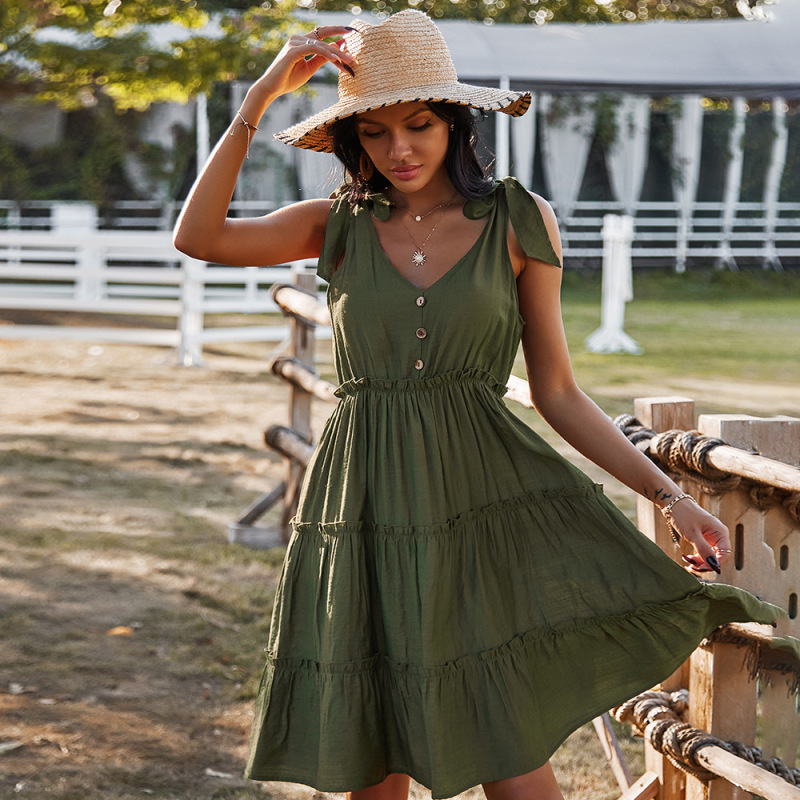 V-neck sexy solid color A-line skirt casual vacation women's dress - Image 5