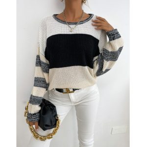 Women's Thin Pullover Round Neck Black and White Contrast Sweater