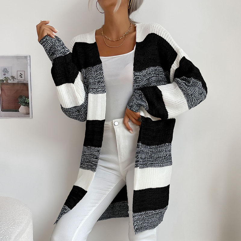 Women's Fashion New Arrival Long Buttonless Colorblock Sweater Jacket - Image 10