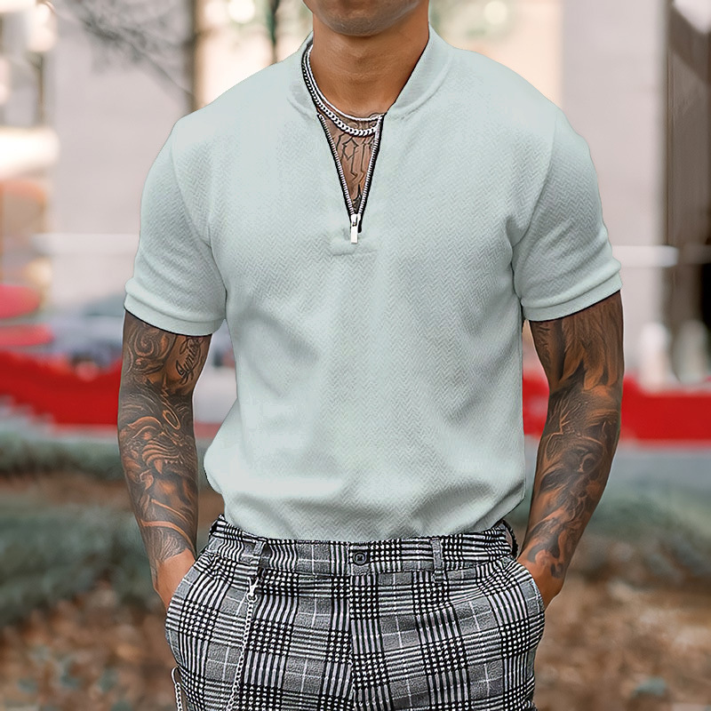 Men's Solid Color Zipper Stand Collar Casual Short Sleeve T-Shirt - Image 6