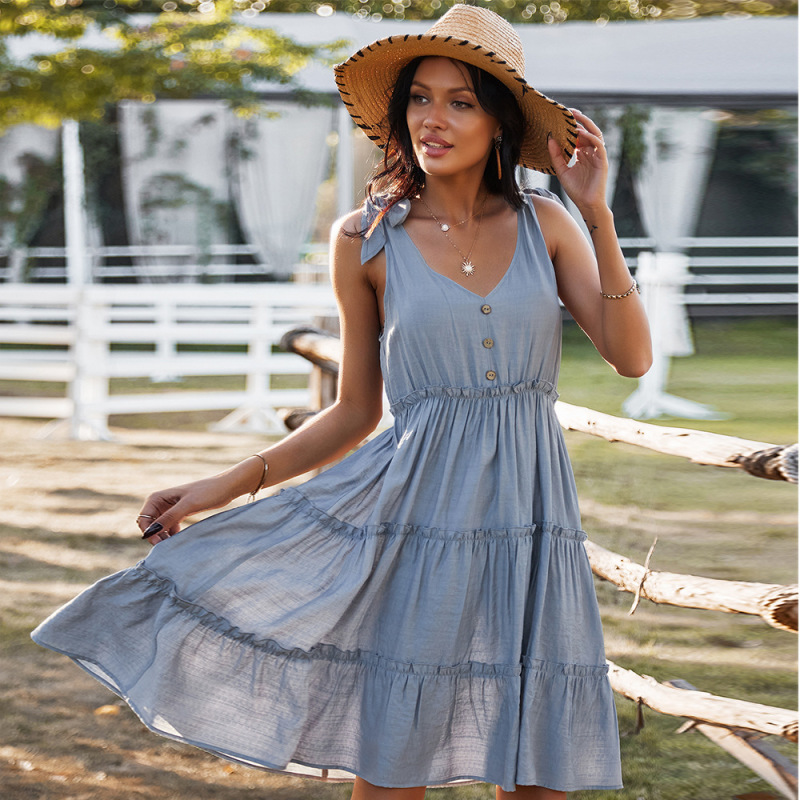 V-neck sexy solid color A-line skirt casual vacation women's dress - Image 2