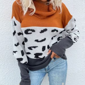 women's leopard print contrast color long sleeve pullover sweater