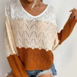 women's hollow color block long sleeve crew neck knitted sweater
