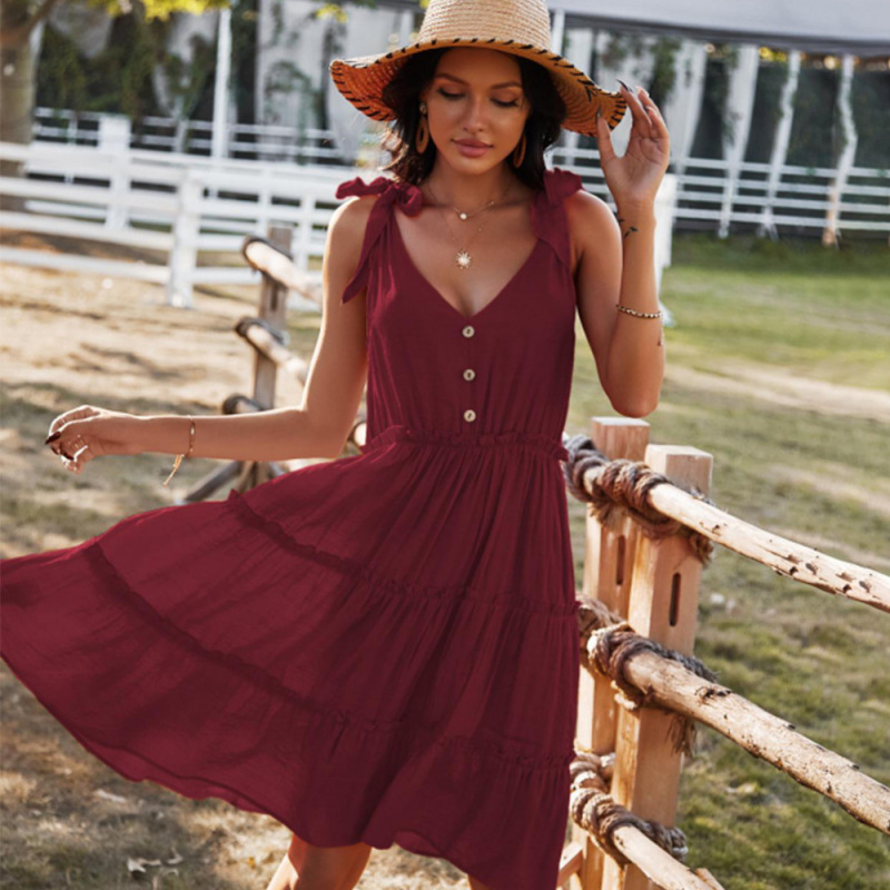 V-neck sexy solid color A-line skirt casual vacation women's dress - Image 6