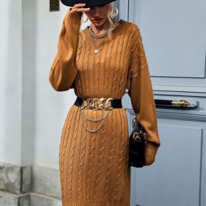 Knit Solid Color Long Sleeve Round Neck Linen Pattern Sweater Dress