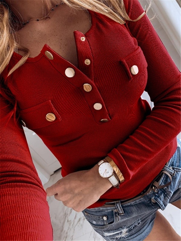 Women's Solid Color Long Sleeve Button Knit Top - Image 4