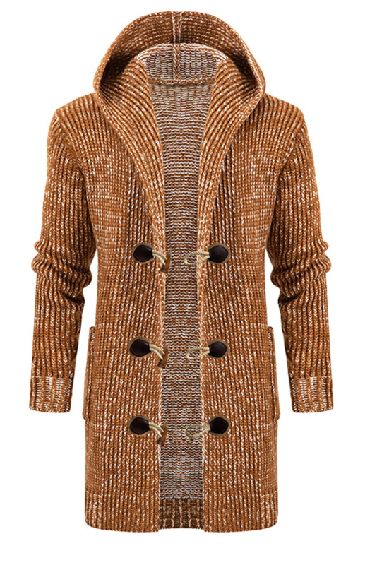 Men's Mid Length Hooded Knit Cardigan Horn Buckle Hooded Long Sweater - Image 7