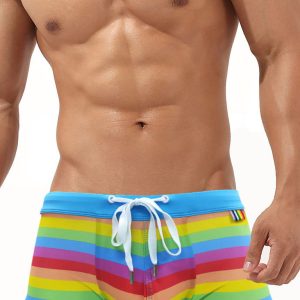 Men's Rainbow Fashion Tethered Slit Boxer Swim Shorts