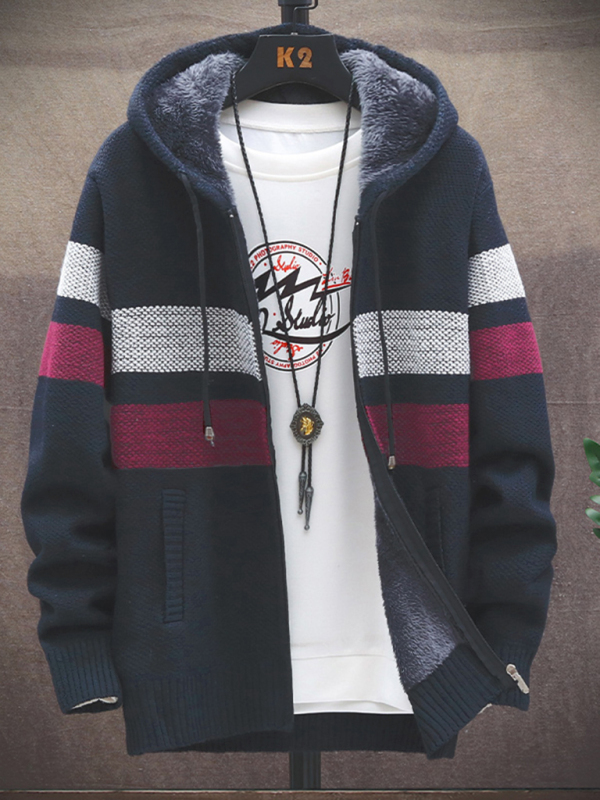 Fleece sweater cardigan Contrast color jacket youth slim fit trendy hooded jacket - Image 5