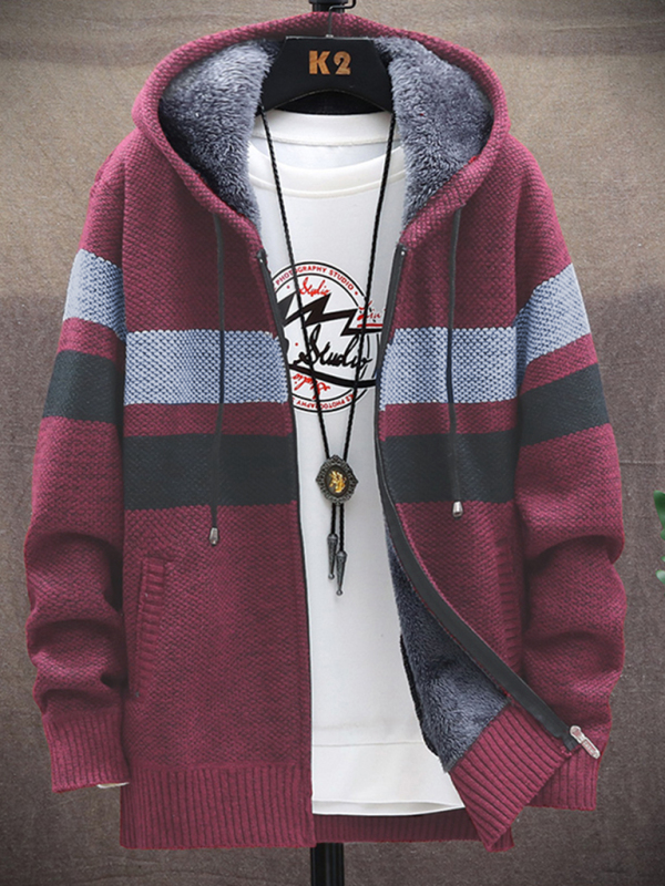 Fleece sweater cardigan Contrast color jacket youth slim fit trendy hooded jacket - Image 2