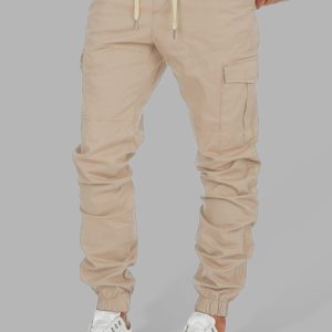 Men's Solid Color Cargo Pocket Drawstring Casual Trousers