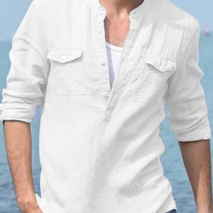 Men's Solid Color Cotton Linen Pocket Shirt