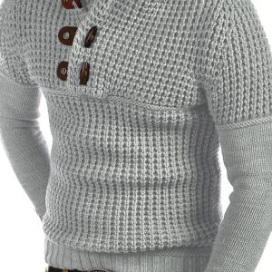Men's Solid Color Lapel Collar Diagonal Button Horn Button Pullover Sweater