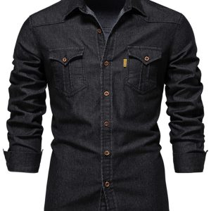 Denim non-iron shirt men's casual solid color non-iron men's long-sleeved shirt