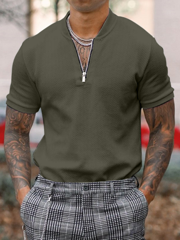Men's Solid Color Zipper Stand Collar Casual Short Sleeve T-Shirt - Image 3