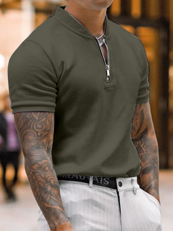 Men's Solid Color Zipper Stand Collar Casual Short Sleeve T-Shirt - Image 12