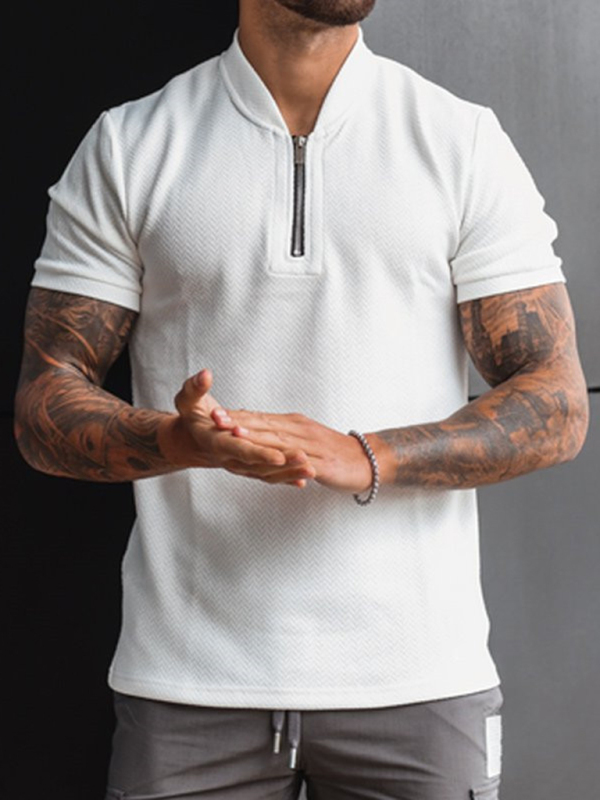 Men's Solid Color Zipper Stand Collar Casual Short Sleeve T-Shirt - Image 10