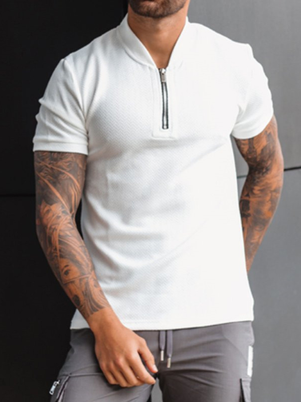 Men's Solid Color Zipper Stand Collar Casual Short Sleeve T-Shirt - Image 8