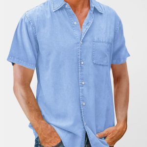Men's Casual Solid Color Short Sleeve Shirt Slim Fit Lapel Shirt
