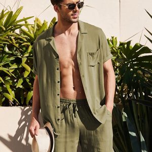 Loose Casual Cotton Linen Cardigan Shirt Shorts Set