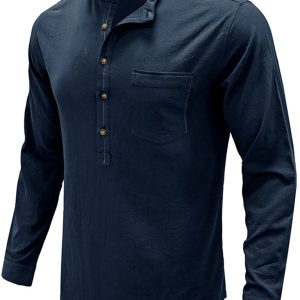 Men's woven solid color long-sleeved cotton and linen shirt