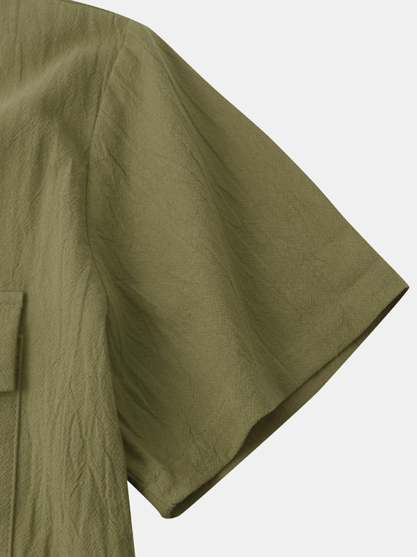 Men's Square Neck Casual Cotton Linen Shirt Linen Solid Color Half Sleeve Top - Image 3