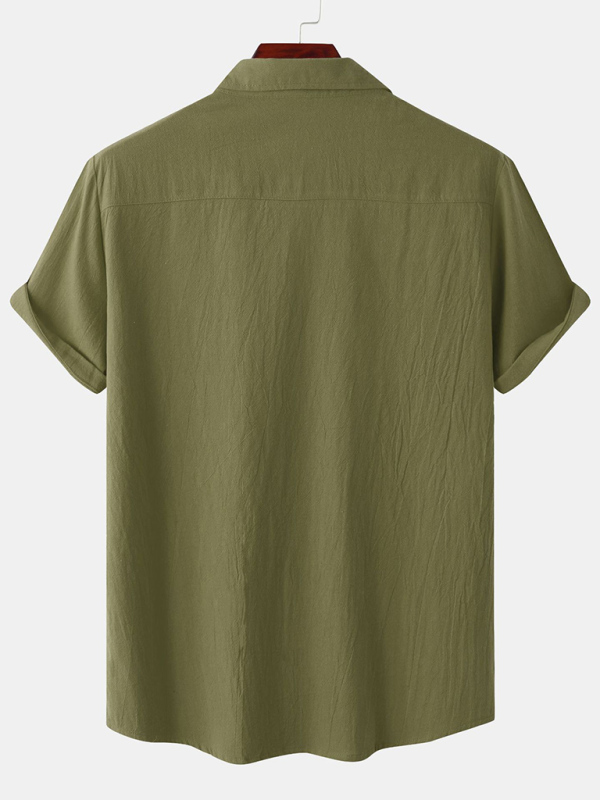 Men's Square Neck Casual Cotton Linen Shirt Linen Solid Color Half Sleeve Top - Image 5