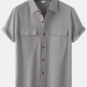 Men's Square Neck Casual Cotton Linen Shirt Linen Solid Color Half Sleeve Top