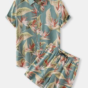 Men's Short Sleeve Shirt Chinese Style Printed Shirt Set