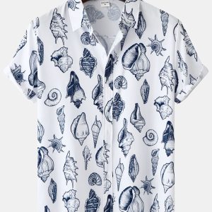 Men's Beach Seashell Print Button-Up Shirt