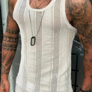 Thin Sleeveless Men's Vest White Mesh Hollow Sports Top