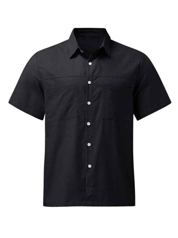 Men's Casual Button Down Shirt Cotton Linen Short Sleeve Pocket Wide Collar Shirt - Image 3