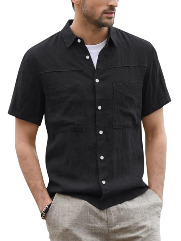Men's Casual Button Down Shirt Cotton Linen Short Sleeve Pocket Wide Collar Shirt - Image 4