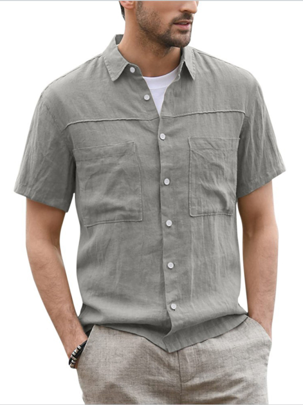 Men's Casual Button Down Shirt Cotton Linen Short Sleeve Pocket Wide Collar Shirt - Image 8