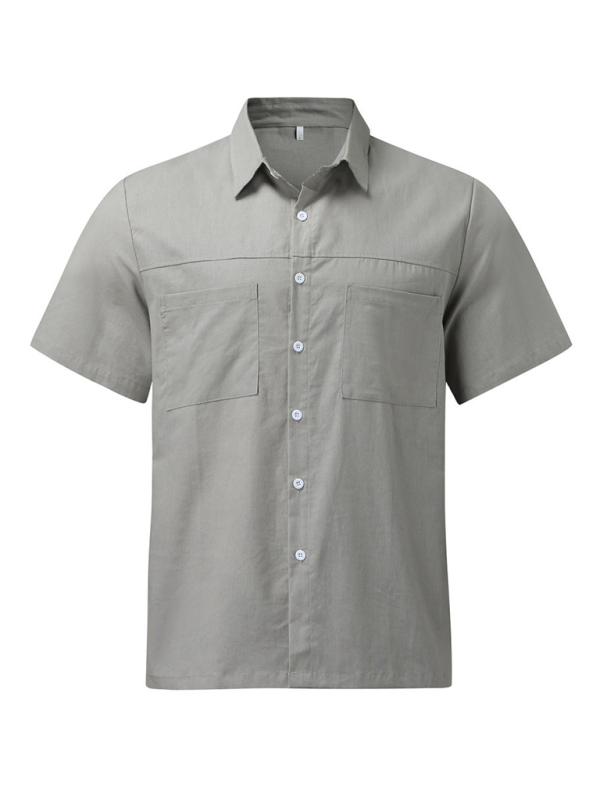 Men's Casual Button Down Shirt Cotton Linen Short Sleeve Pocket Wide Collar Shirt - Image 7