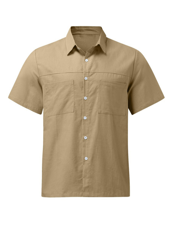 Men's Casual Button Down Shirt Cotton Linen Short Sleeve Pocket Wide Collar Shirt - Image 2